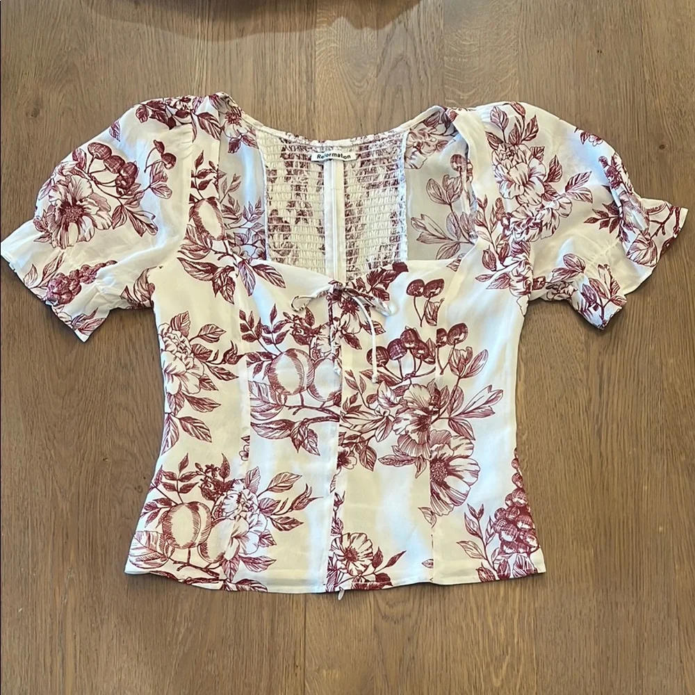 Reformation White and Red Floral Blouse